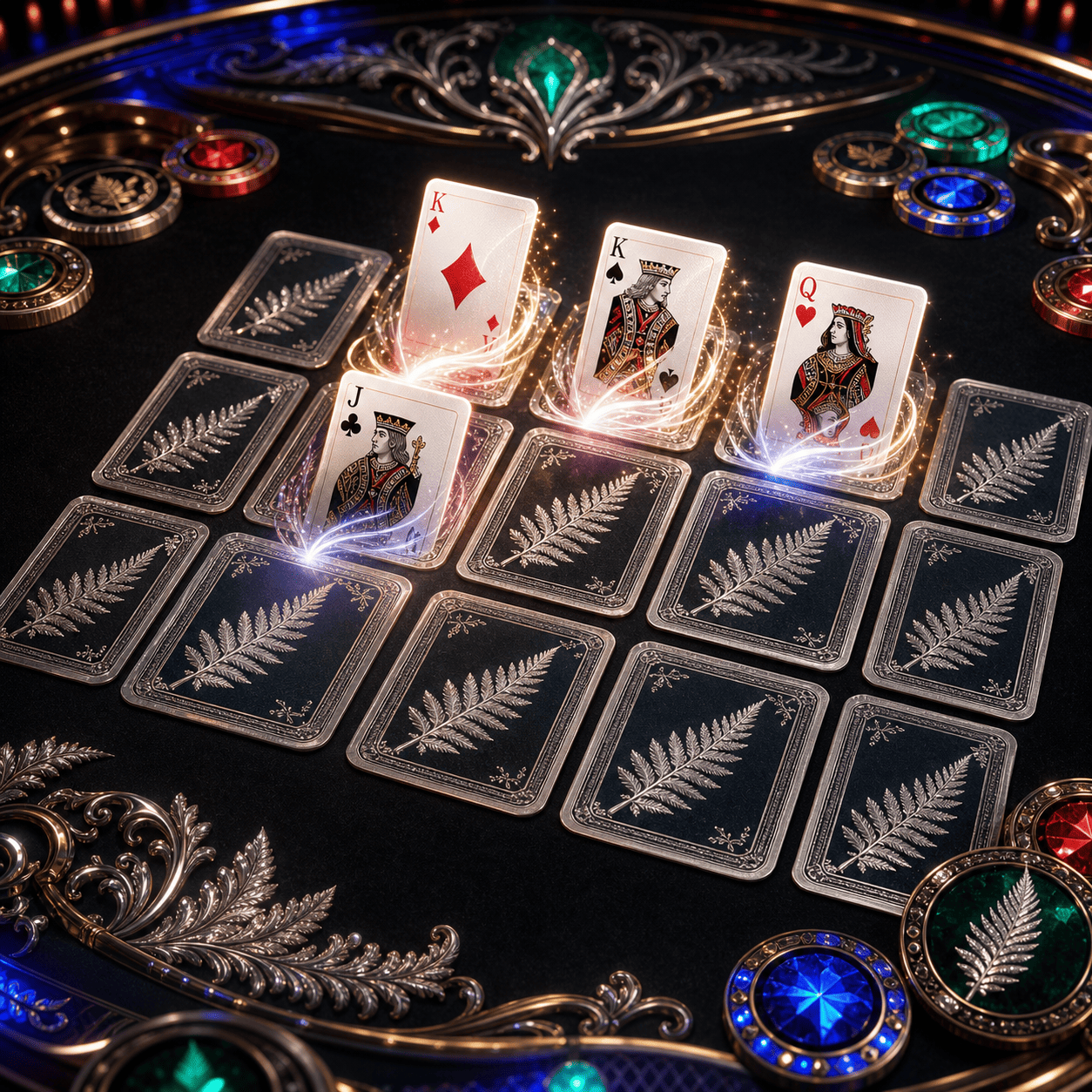 Fern Flip game art with ornate cards flipping over a casino-style table
